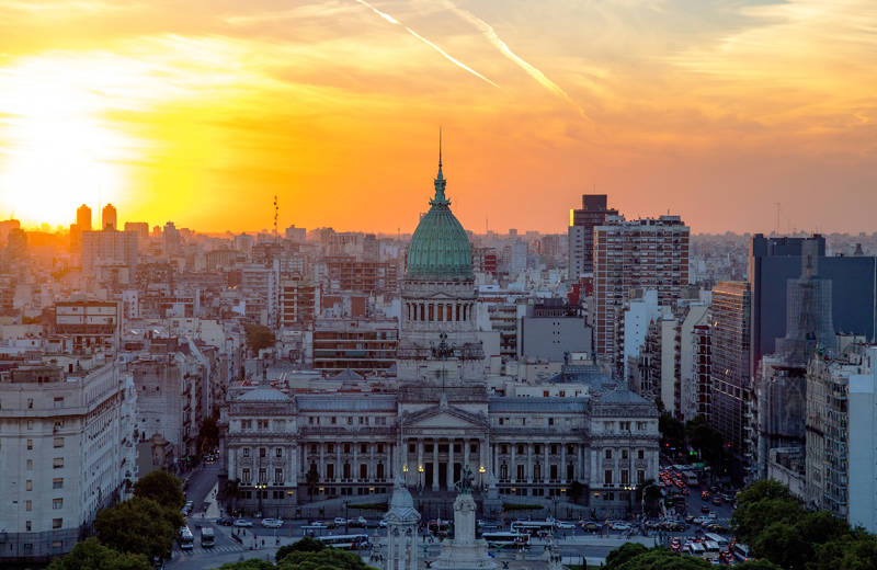 View over Buenos Aires during sunset, with the Argentinian Congress at center stage.